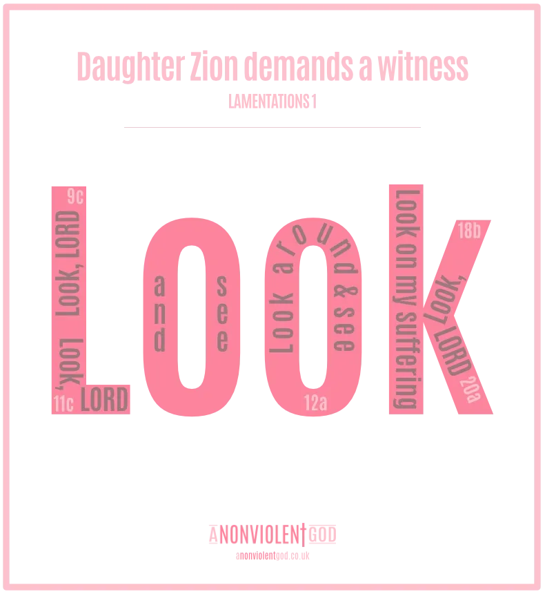 The word look is spelled out in large letters with the five verses where Daughter Zion asks God to look written inside them.