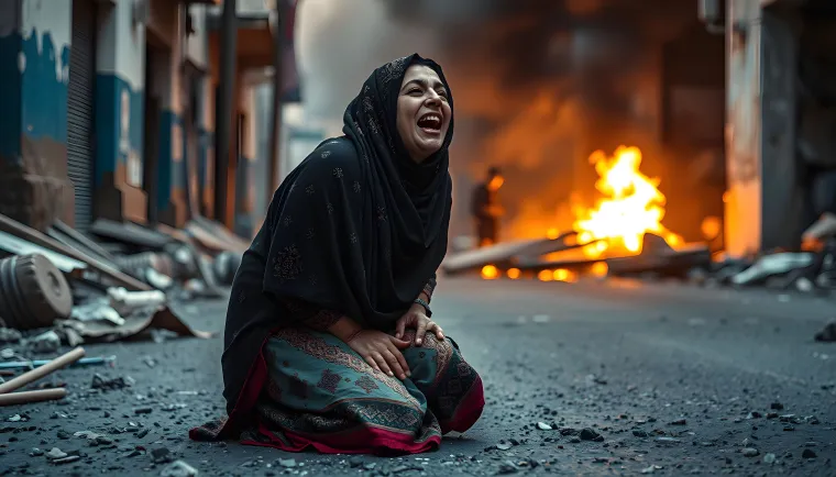 A kneeling woman cries out in grief in a damaged street