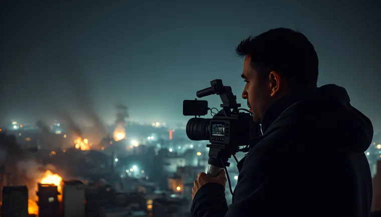 A reporter looks out over a burning city